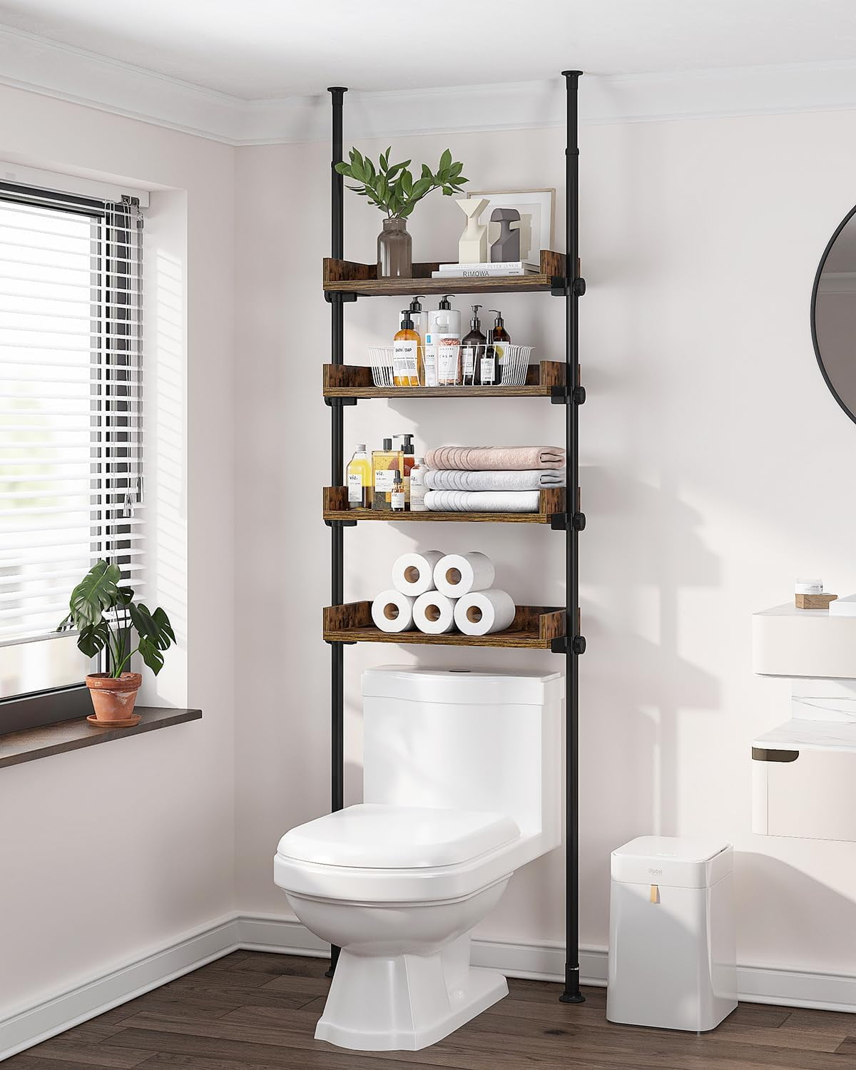 1 Bathroom Organizer. Over The Toilet Storage. 4-Tier Adjustable Wood Shelves for Small Rooms. Saver Space Rack. 92 to 116 Inch Tall. Narrow Cabinet. Rustic Brown