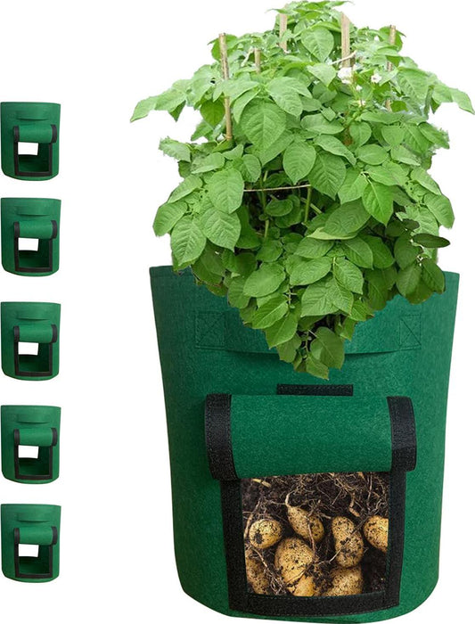 10 Gallon Grow Bags, 5Pack Potato Grow Bags with 2 Side Windows, Breathable Nonwoven Plant Bags with 2 Sturdy Handles (Green)
