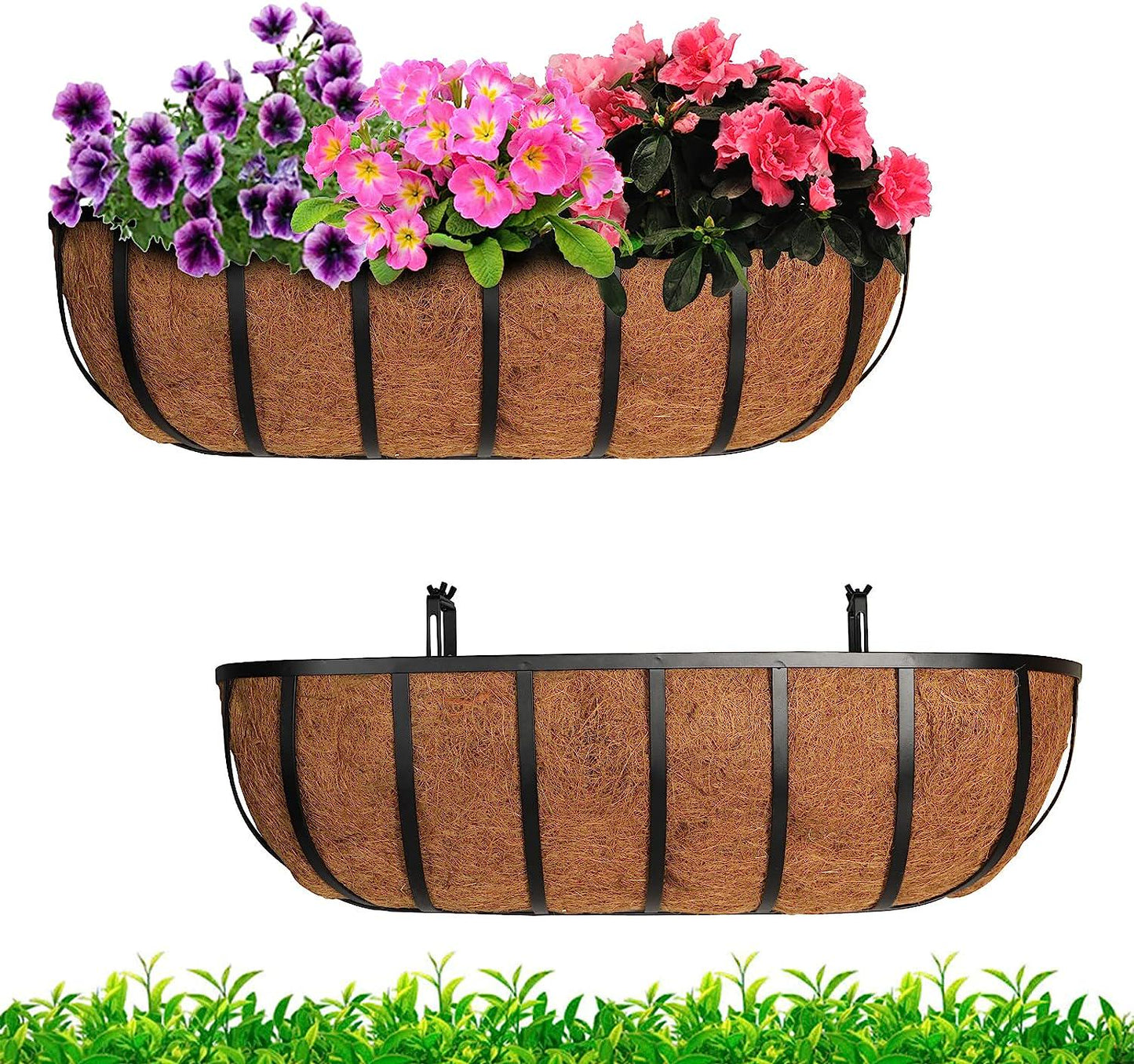 24 Inch Window Box Deck Railing Planter with Coco Liner Metal Horse Troughs Fence Planter Balcony Metal Hanging Planter Bracket Deck Railing Planter Boxes