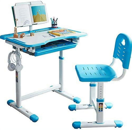 Children Desk and Chair Set Height Adjustable. Ergonomic Kids Study Table with Tilt Desktop.Book Stand. Cup Holder. Steel Hook. Storage Drawer and Height Adjustable Chair Set. Blue