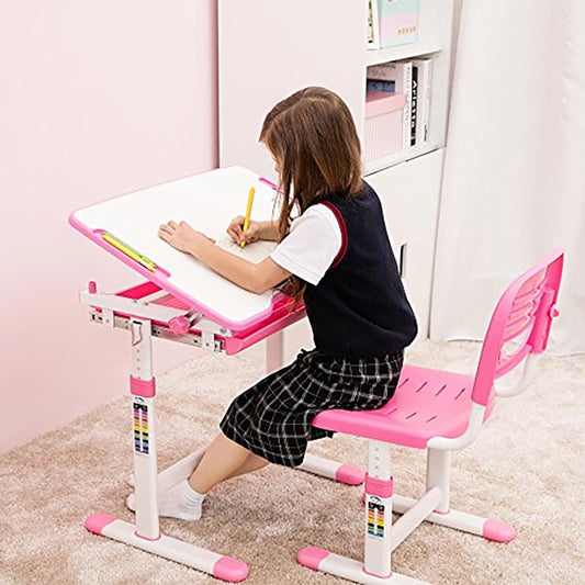 Children Desk Kids Study Child School Adjustable Height Student Table Chair Set with Storage Perfect Gift For Kids-Pink