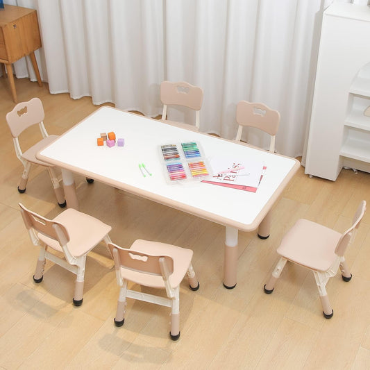 Children Table and Chair Set. Preschool Table. Table and Chairs for Boys and Girls Age 2-12. Height Adjustable Table Top with 6 Seats. can be Drawn.Kids Table for Classrooms/Daycares/Homes