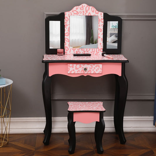 Children's Makeup Vanity Table with Mirror. Wooden Toy Vanity Set with Tri-Folding Mirror. Wood Dressing Table w/Stool&7 Drawers Storage Bedroom Furniture for Girls/Kids. Red Leopard Print. S9823