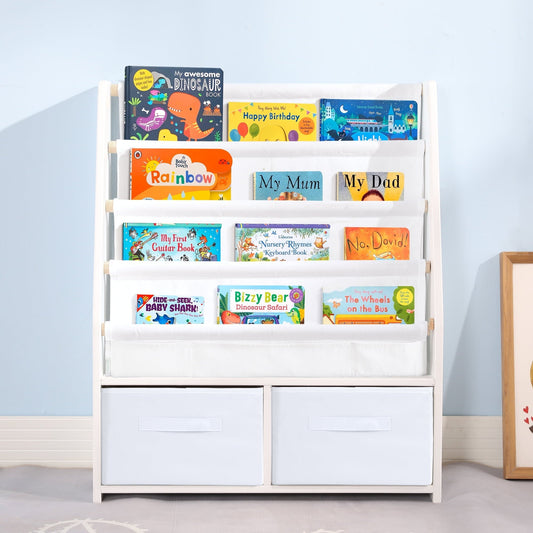 Childrens Bookshelf Kids Sling Book Rack with Two Storage Boxes and Toys Organizer Shelves Natural Solid Wood Baby Bookcase(White)
