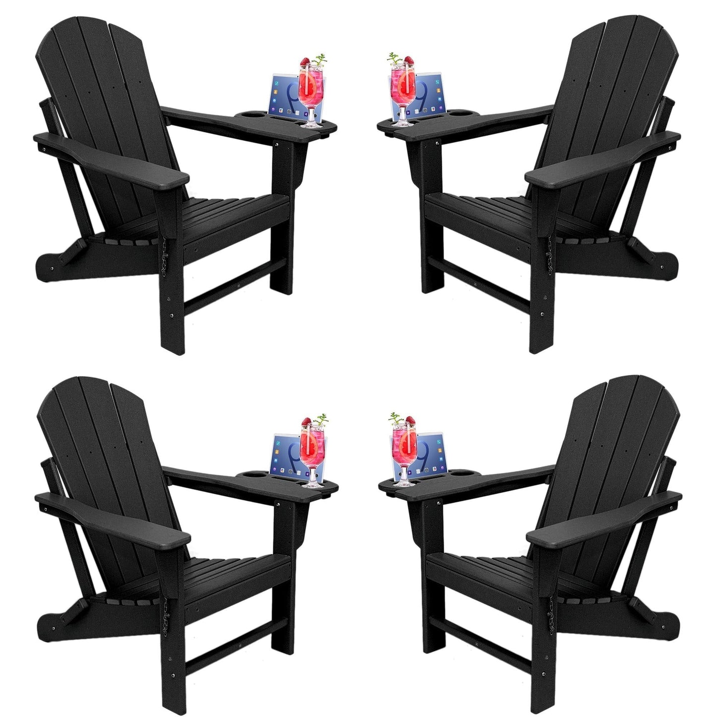 (Set of 4) Folding Plastic Adirondack Chair with 4 in 1 Cup Holder Plastic Adirondack Chairs Weather Resistant.Fire Pit Chair for Deck. Garden. Backyard