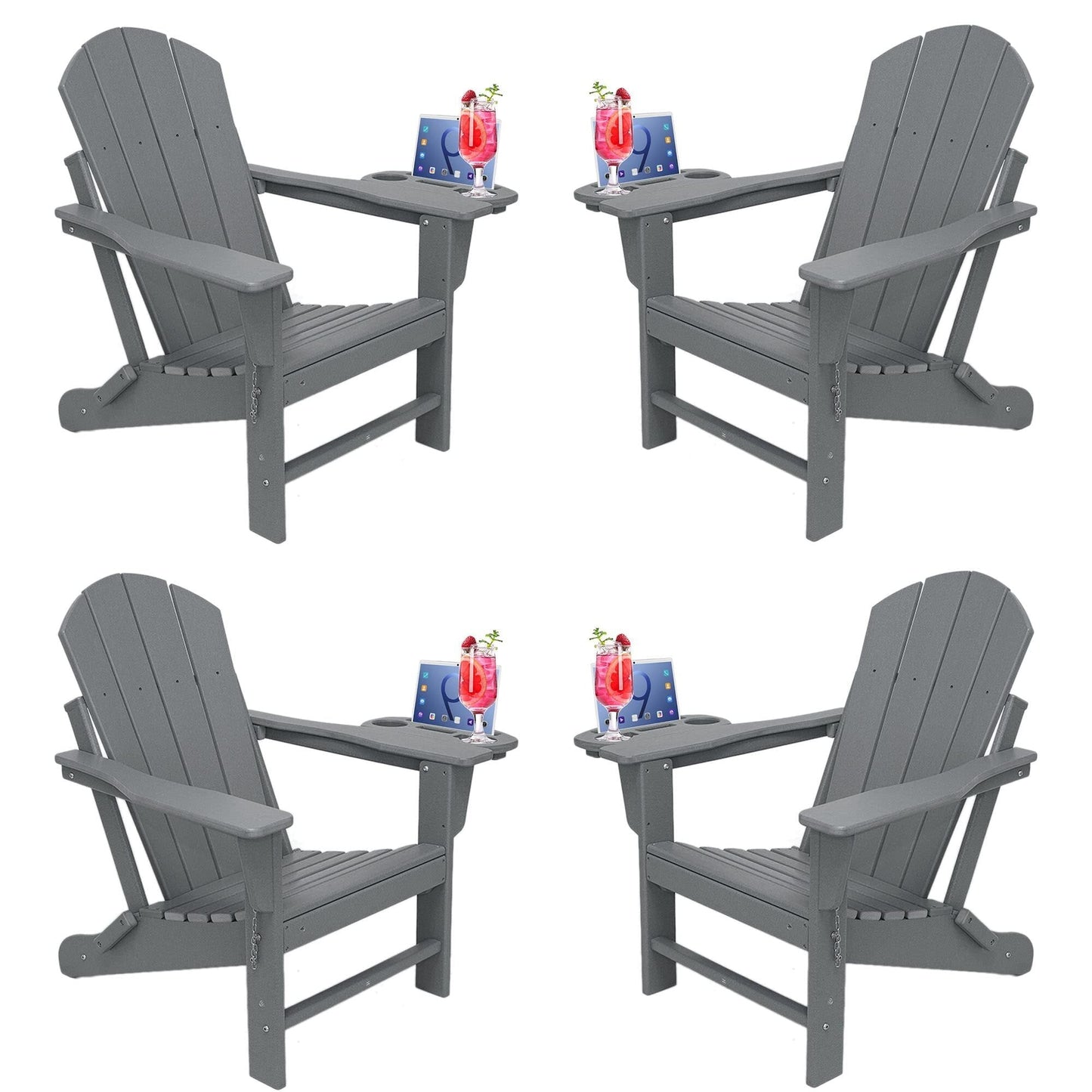 (Set of 4) Folding Plastic Adirondack Chair with 4 in 1 Cup Holder Plastic Adirondack Chairs Weather Resistant.Fire Pit Chair for Deck. Garden. Backyard