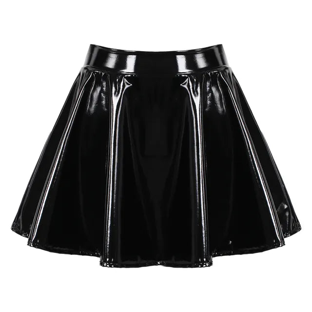 Women&#39;s A-Line Short Mini Skirts Glossy Latex Leather Flared Miniskirt with Zipper Club Bar Pole Dance Performance Costumes