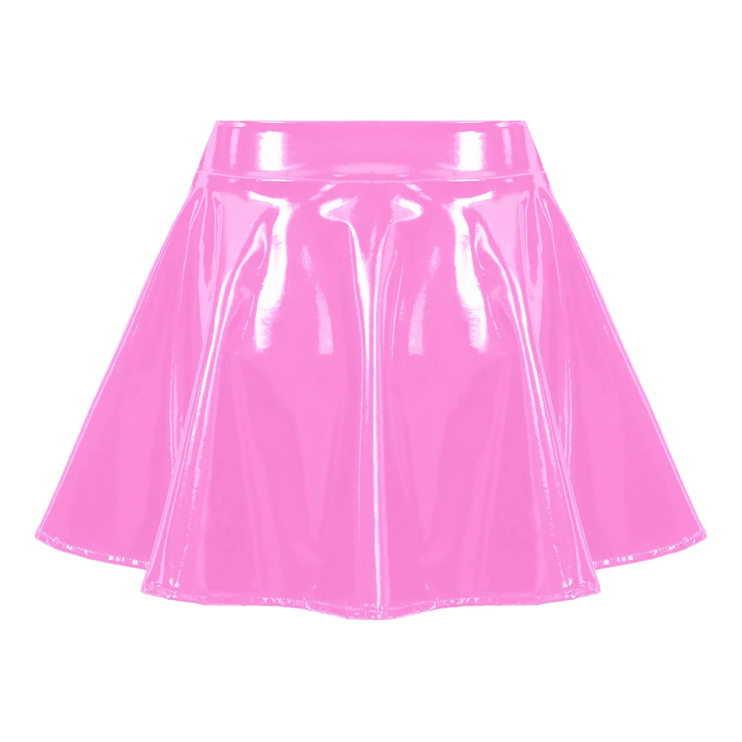 Women&#39;s A-Line Short Mini Skirts Glossy Latex Leather Flared Miniskirt with Zipper Club Bar Pole Dance Performance Costumes